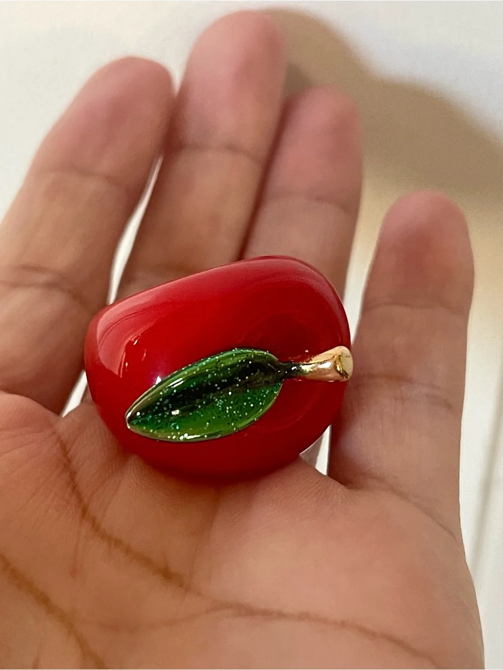 Red Apple Resin Statement Ring with Green Leaf Accent